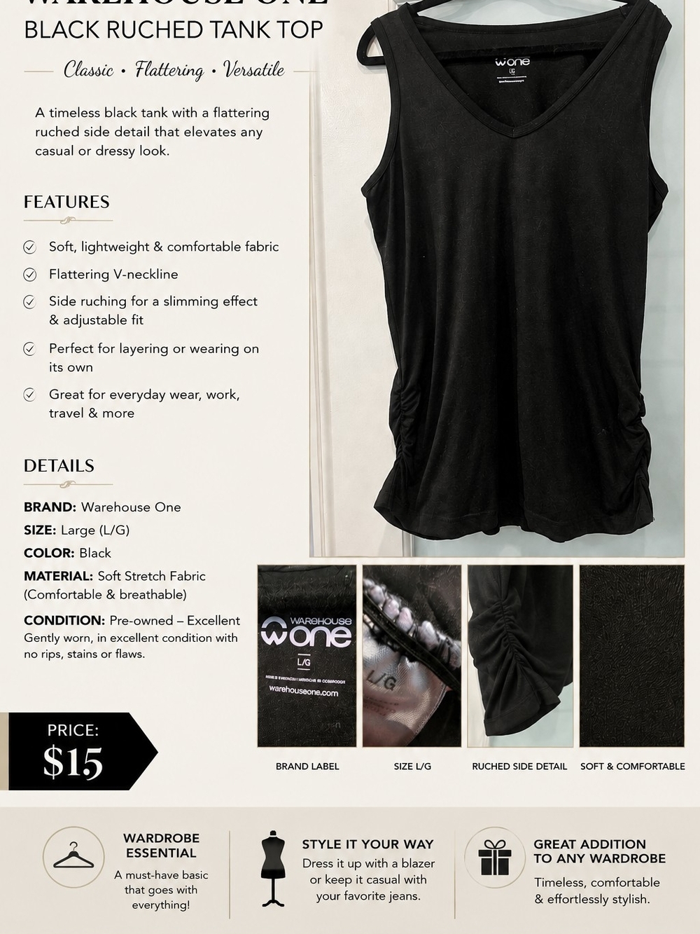 Warehouse Black Ruched Tank Top - V-Neck Women's Top